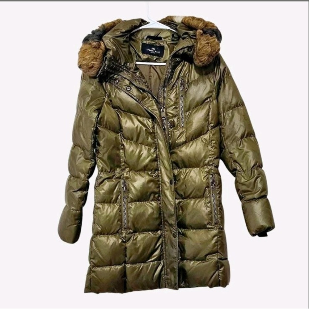 Andrew Marc Olive Green Womens Puffer Coat With Fur Hood Size Small